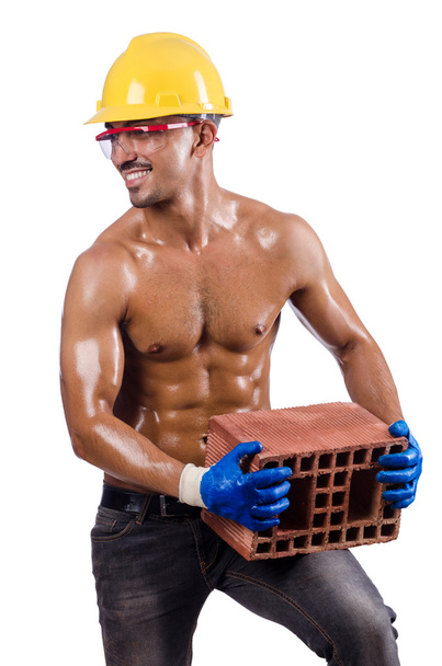Naked construction worker on white - Photo, Image