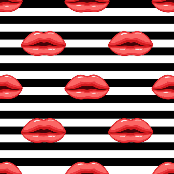 Vector illustration of Seamless pattern pink lips on striped background - Vector, Image