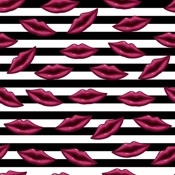 Vector illustration of Seamless pattern purple lips on striped background - Vector, Image