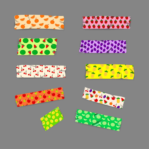 Set reális ragasztószalag Washi gyümölcs minta színes vektoros illusztráció - Vektor, kép