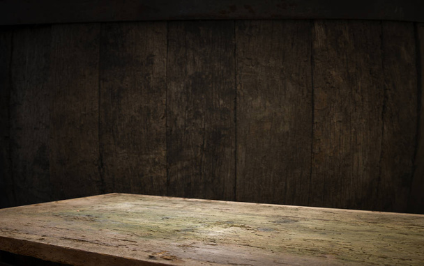 pozadí sud a opotřebovaný starý dřevěný stůl - Fotografie, Obrázek