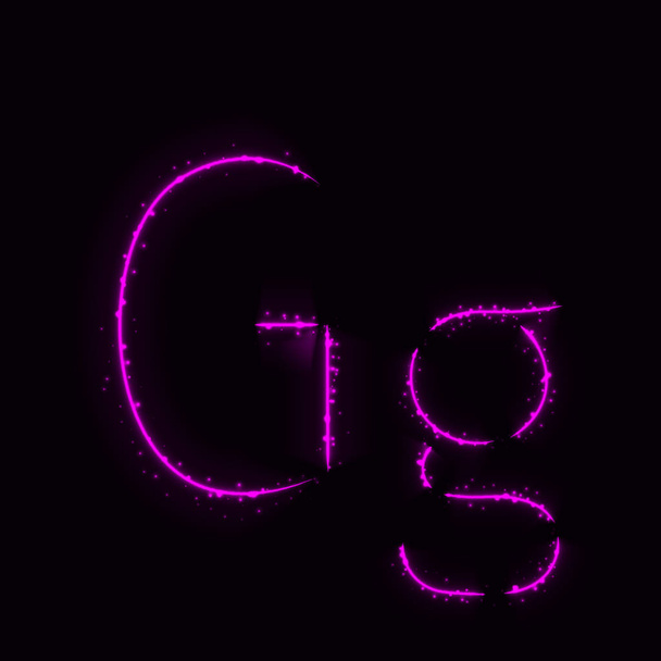 lila Alphabet g Buchstaben von Lichtern auf dunklem Hintergrund - Vektor, Bild