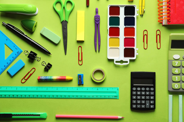 Composition with different school stationery on color background - Photo, Image