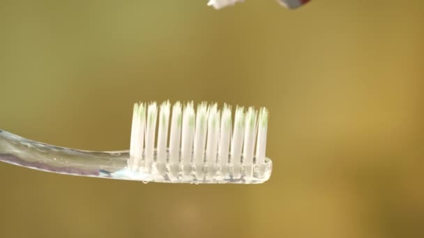 Close up squeezing white toothpaste on toothbrush. Morning teeth hygiene - Materiał filmowy, wideo