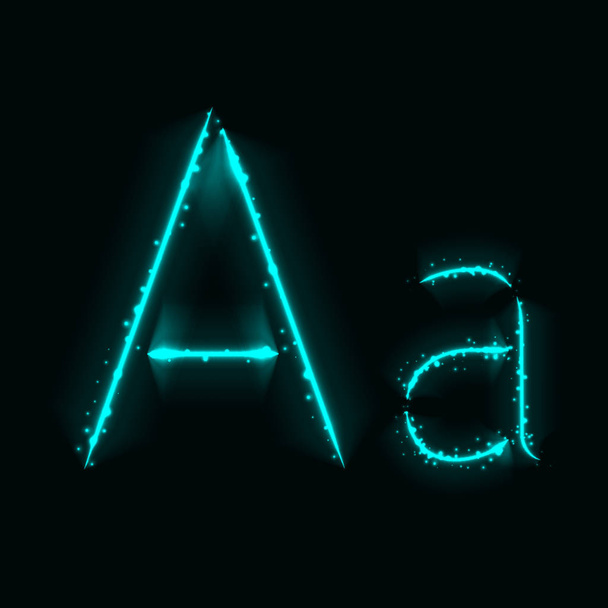 Alfabeto ciano Letras de luzes sobre fundo escuro
 - Vetor, Imagem