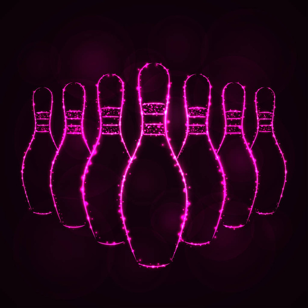 Vektor-Illustration von Bowlingnadeln, rosa Farbe leuchtet Silhouette auf dunklem Hintergrund.  - Vektor, Bild