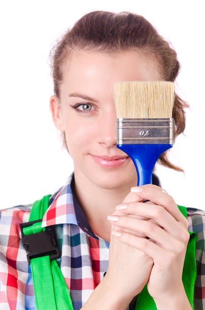 Woman painter with paintbrush on white - Foto, afbeelding