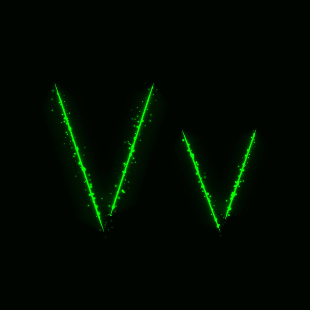 Alfabeto Verde V letras de luces sobre fondo oscuro
 - Vector, Imagen