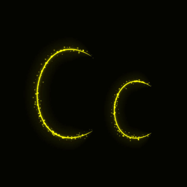 Alfabeto amarelo C letras de luzes sobre fundo escuro
 - Vetor, Imagem