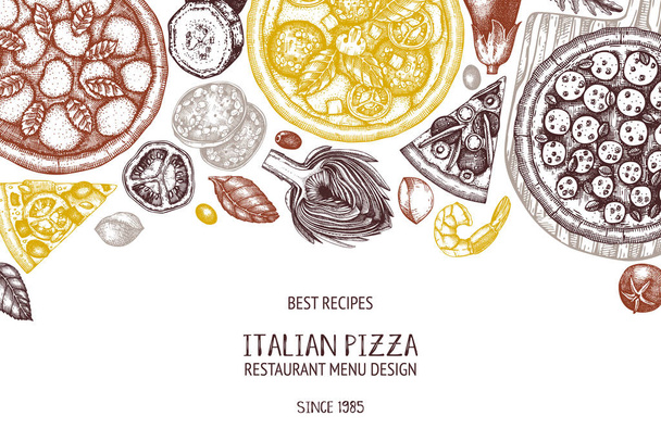pizza ingredients pattern, retro style, graphic design, vector illustration - Vettoriali, immagini