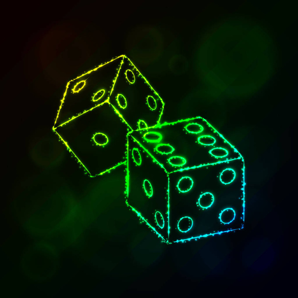 Значок кости. Две игры кубики, символ казино освещает силуэт дизайн на темном фоне. Векторная иллюстрация. Светящиеся линии и точки. градиентный цвет
. - Вектор,изображение