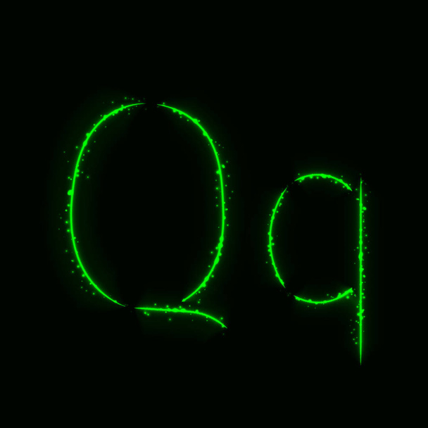Зеленый алфавит Q буквы огней на темном фоне
 - Вектор,изображение