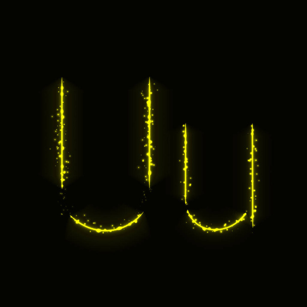 Желтый алфавит U буквы огней на темном фоне
 - Вектор,изображение