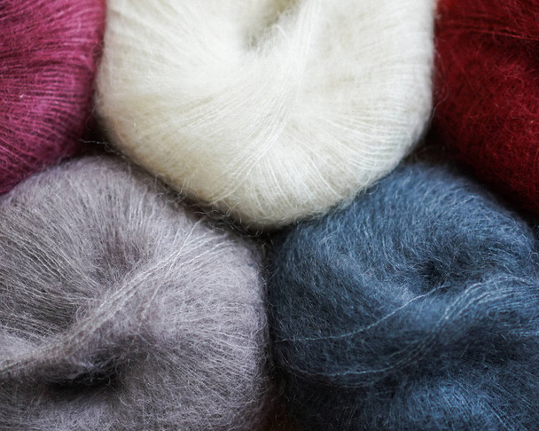 Mohair tender yarns texture background closeup in different bright colors. - Photo, Image