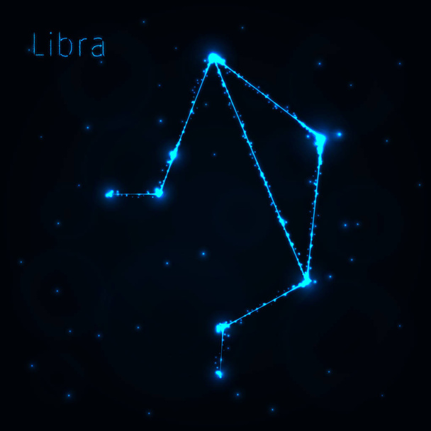 libra Illustration Icon, blue Lights Silhouette on Dark Background. Glowing Lines and Points - Vector, Imagen