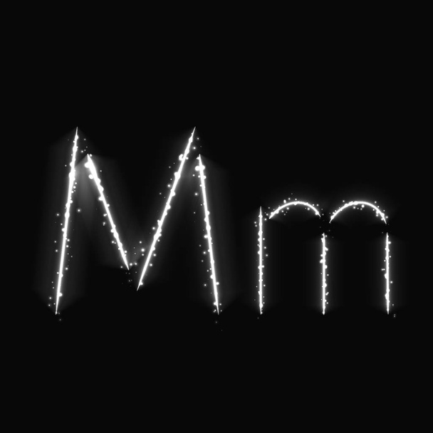 Белый алфавит M букв огней на темном фоне
 - Вектор,изображение