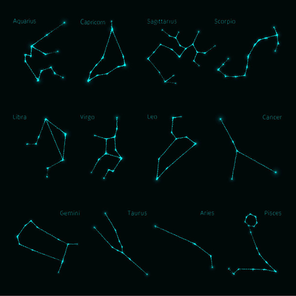 Takımyıldızları illüstrasyon simge, mavi ışıklar siluet koyu arka plan üzerinde. Parlayan çizgileri ve noktaları - Vektör, Görsel