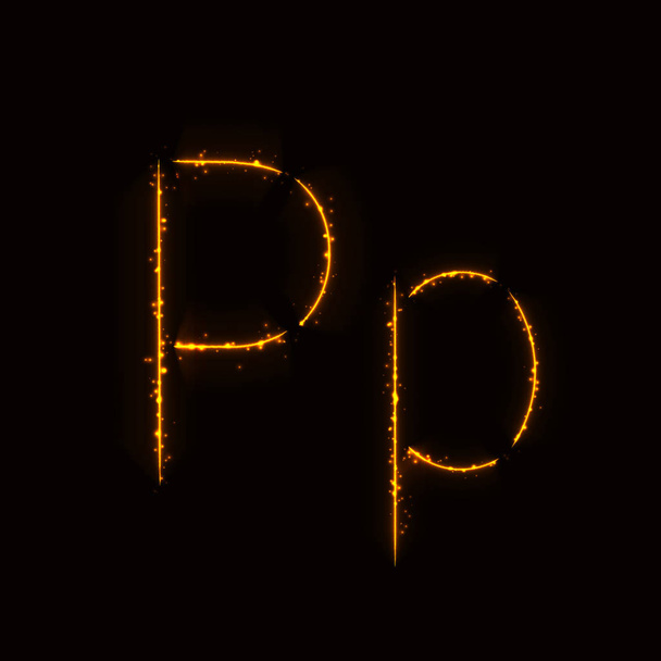 Alphabet p Buchstaben von Lichtern auf dunklem Hintergrund - Vektor, Bild