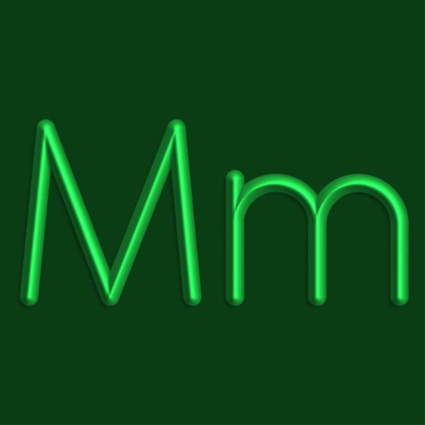 Alfabeto M letras de luces de color verde, línea 3d con sombra suave
 - Vector, Imagen