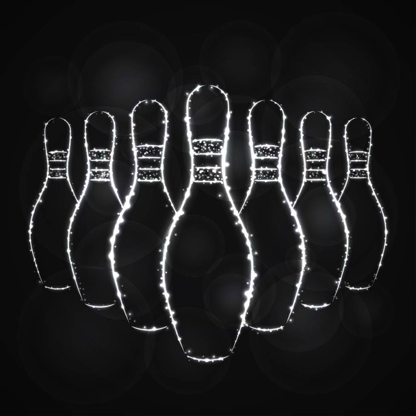 Vector illustration of bowling pins, gray Color Lights Silhouette on Dark Background.  - Vector, Image