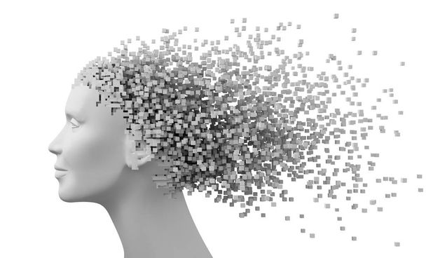Cabeza de mujer y píxeles 3D como el pelo aislado sobre fondo blanco
 - Foto, Imagen