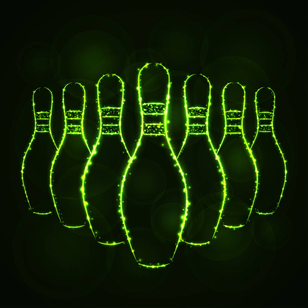Vektor-Illustration von Bowlingnadeln, grüne Farbe leuchtet Silhouette auf dunklem Hintergrund.  - Vektor, Bild