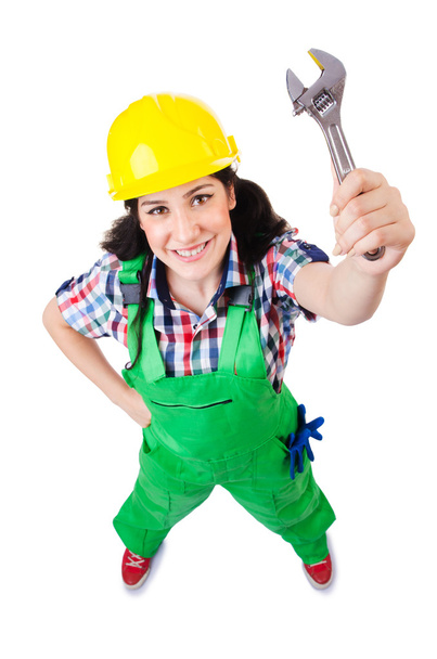 Woman builder isolated on white - Фото, изображение