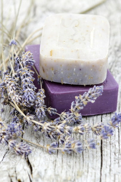 natural soap with dried lavender branches, close up view - Foto, immagini