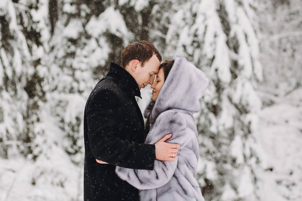 Stilvolles Paar, das sich in winterlich verschneiten Bergen umarmt. glückliche romantische Männer und Frauen in luxuriösen Kleidern, die sich sanft am Wasserfall im Schnee umarmen. Gemeinsamer Urlaub - Foto, Bild