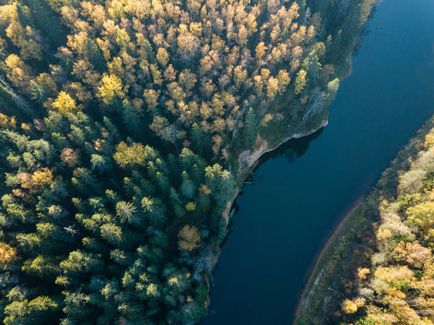 Luftaufnahme des welligen Flusses Gauja im herbstlich gefärbten Wald, Lettland. - Foto, Bild