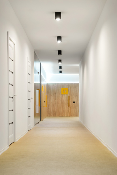 empty hallway with doors and lamps in kindergarten - Foto, afbeelding