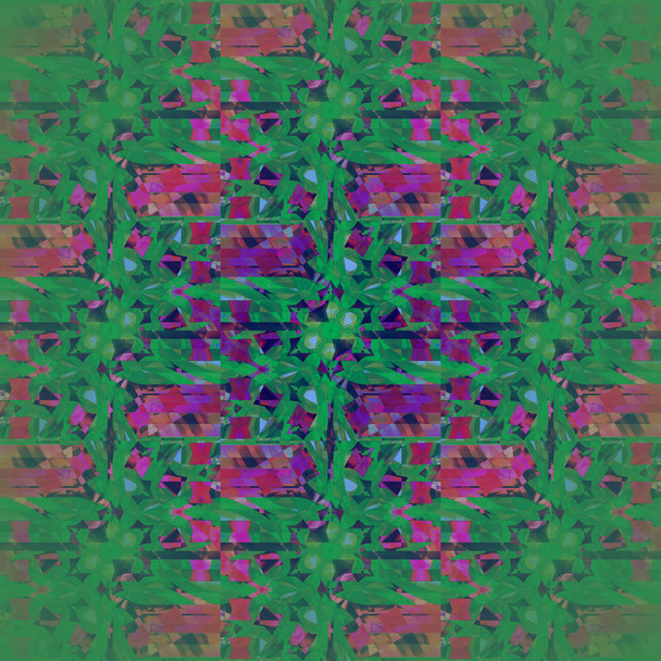 Abstracte geometrische achtergrond. Regelmatig ingewikkelde patroon groen, paars en violet gecentreerd. - Foto, afbeelding