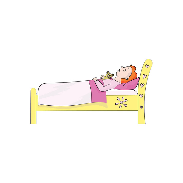 Ένα κορίτσι (παιδί) κοιμάται με ένα παιχνίδι στο κρεβάτι. Vector εικονογράφηση χρώμα - Διάνυσμα, εικόνα