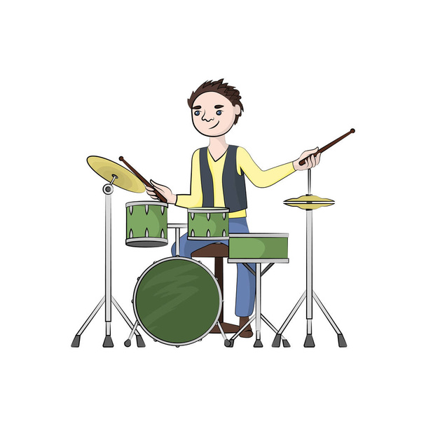 мужчина (мальчик) играет на барабанной установке. Векторная цветная иллюстрация
. - Вектор,изображение