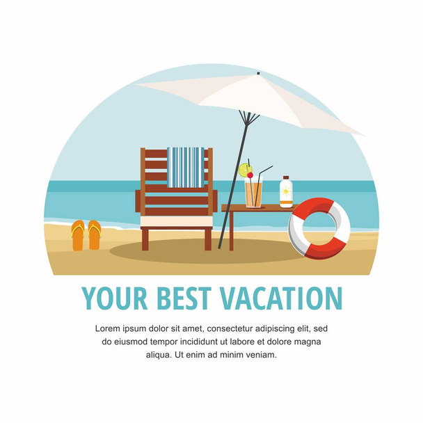 Férias de Verão e Turismo. Chaise lounge e guarda-chuva na praia
 - Vetor, Imagem