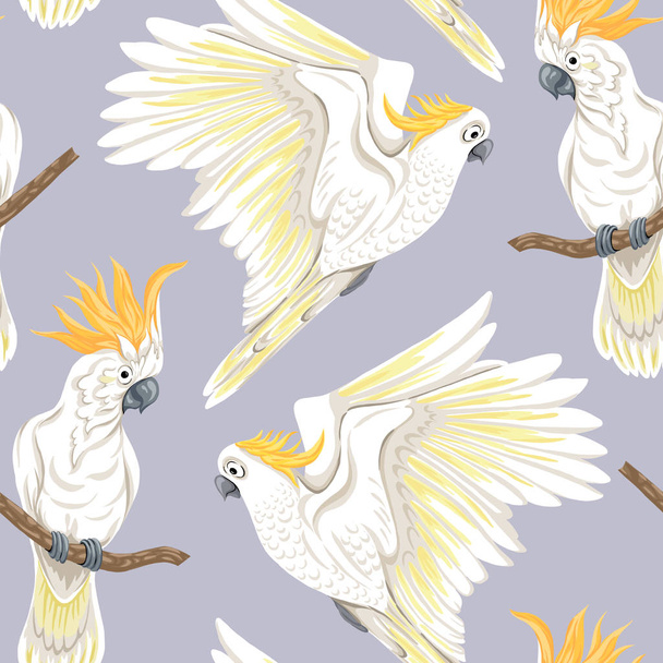 Seamless pattern, background with tropical birds. White heron, cockatoo parrot. Colored vector illustratio - Vector, Image