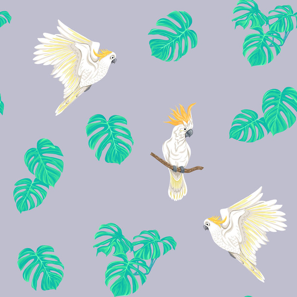 Seamless pattern, background with tropical birds. White heron, cockatoo parrot. Colored vector illustratio - Vektör, Görsel