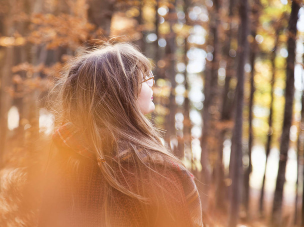 junges Mädchen im Herbst im Park, Rückenaufnahme eines Mädchens mit Schal im Herbst im Freien, traumhaft schönes Herbstkonzept - Foto, Bild