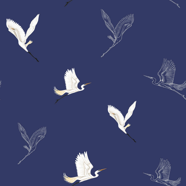 Seamless pattern, background with tropical birds. White heron, cockatoo parrot,  Colored and outline design on navy blue background.. Vector illustration - Vettoriali, immagini
