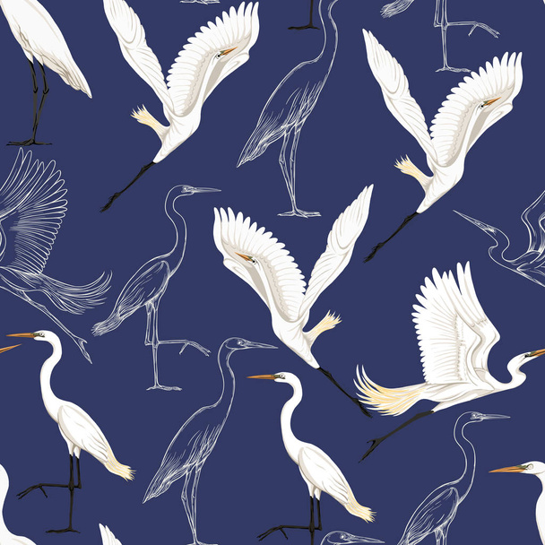Seamless pattern, background with tropical birds. White heron, cockatoo parrot,  Colored and outline design on navy blue background.. Vector illustration - Vektor, kép