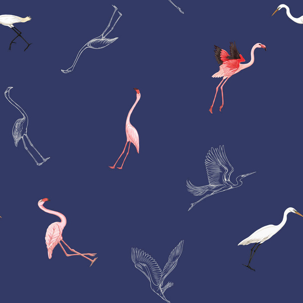 Seamless pattern, background with tropical birds. White heron, flamingo. Colored and outline design on navy blue background.. Vector illustration - Вектор,изображение