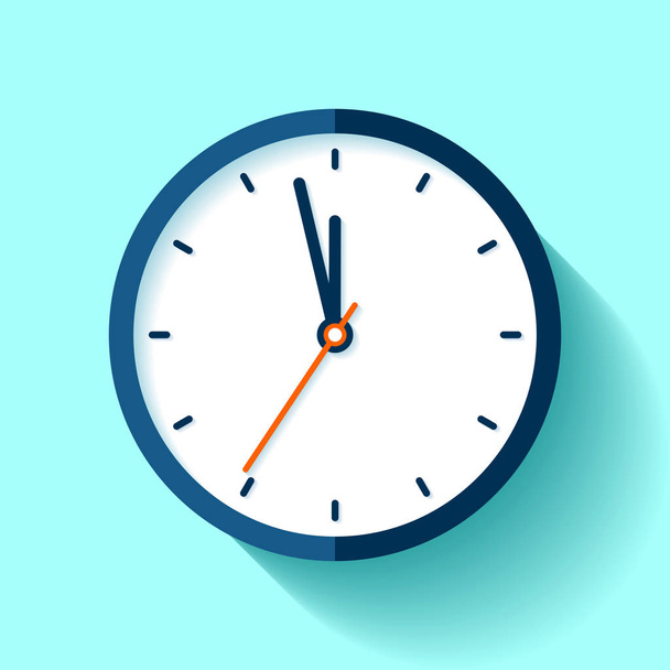Icona dell'orologio in stile piatto, timer rotondo su sfondo blu. Cinque minuti alle dodici. Semplice orologio. Elemento di design vettoriale per voi progetti aziendali
 - Vettoriali, immagini