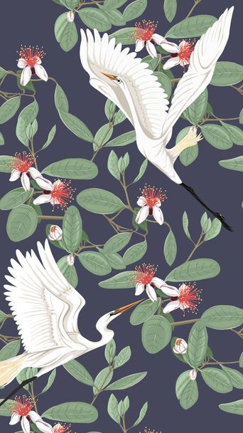 Pattern, background with with feijoa flowers with herons. Vector illustration.  On dark blue background.  - Vetor, Imagem