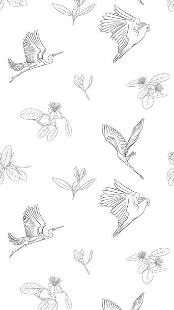 Pattern, background with with feijoa flowers with herons and cockatoo parrot. Vector illustration. Outline hand drawing. Good for coloring page for theadult coloring book. - ベクター画像