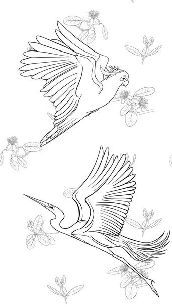 Pattern, background with with feijoa flowers with herons and cockatoo parrot. Vector illustration. Outline hand drawing. Good for coloring page for theadult coloring book. - Vektori, kuva