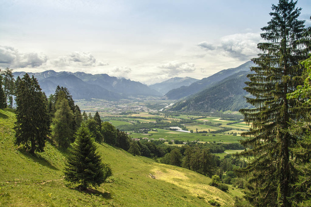 View of the valley. In the background there is to see mountains and sky with clouds. In the center you can see populated valley. In the foreground is mountain meadow with a pair of conifers. - Foto, afbeelding