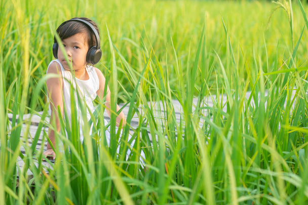 Azjatyckie dziewczyna ładna relaks siedzenie i słuchanie muzyki na drewniany most w polu ryżu na zachód słońca przy tle natura. na drewniany most w polu ryżu na tle natura zachód słońca. - Zdjęcie, obraz