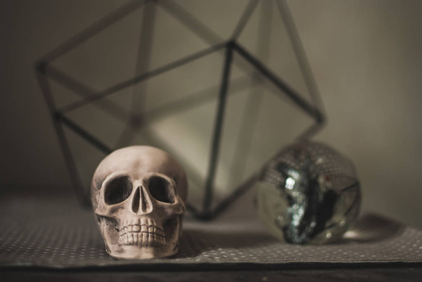 Bleke schedel tegen een glazen bol en florarium op tafel. Meisje schaduwrijke woonkamer interieur - Foto, afbeelding