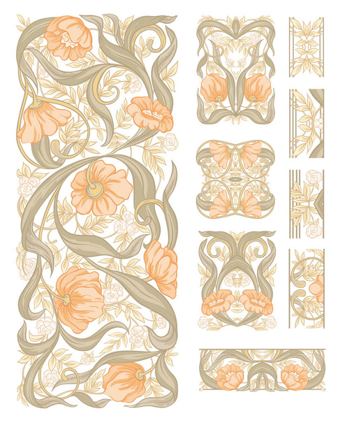 Floral pattern in art nouveau style, vintage, old, retro style. Set of decorative elements for design. Colored vector illustration. Isolated on white background. In soft orange and green color - Vektor, Bild