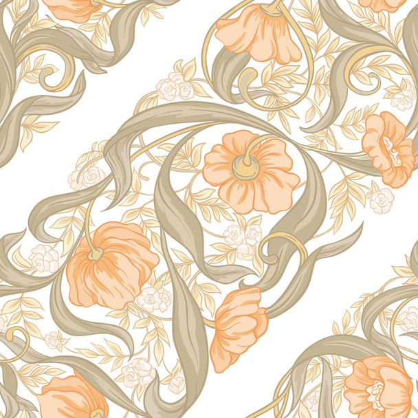  Seamless pattern, background with Floral pattern in art nouveau style, vintage, old, retro style. Colored vector illustration. In soft orange and green color - Vektori, kuva